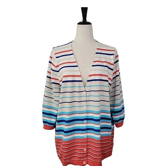 Liz Claiborne New York Multi Color Striped V-neck 3/4 Sleeve  Cardigan Size 2X - Picture 1 of 7